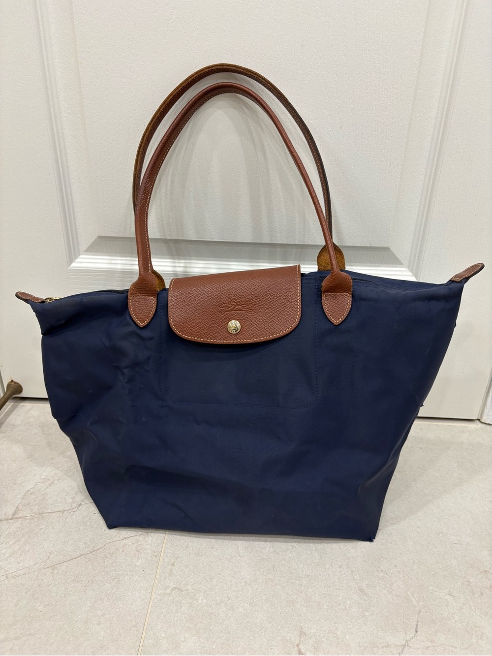 Longchamp Navy Nylon Tote with Brown Leather Trim